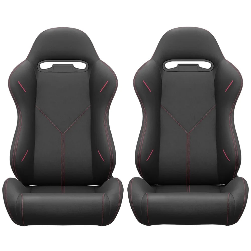 2PC Universal Bucket Racing Seats Red Stitch Red PVC Leather Reclinable Carbon Look Leather Back With Adjustor Slider (Not Including Seat Bracket )