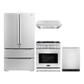 Cosmo 4 Piece Kitchen Appliance Package with 30" Freestanding Gas Range 30" Under Cabinet Range Hood 24" Built-in Integrated Dishwasher & French Door Refrigerator Kitchen Appliance Bundles