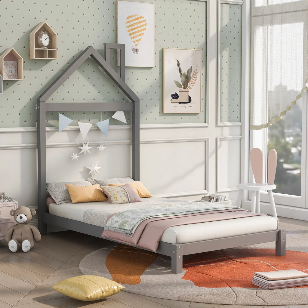 uhomepro Kids Twin Bed Frame with House Frame Headboard, Pretty Platform Bed Frame for Girls Boys, Wood Bed Frame Twin Size Bedroom Furniture with Wood Slats Support, No Box Spring Needed, Gray