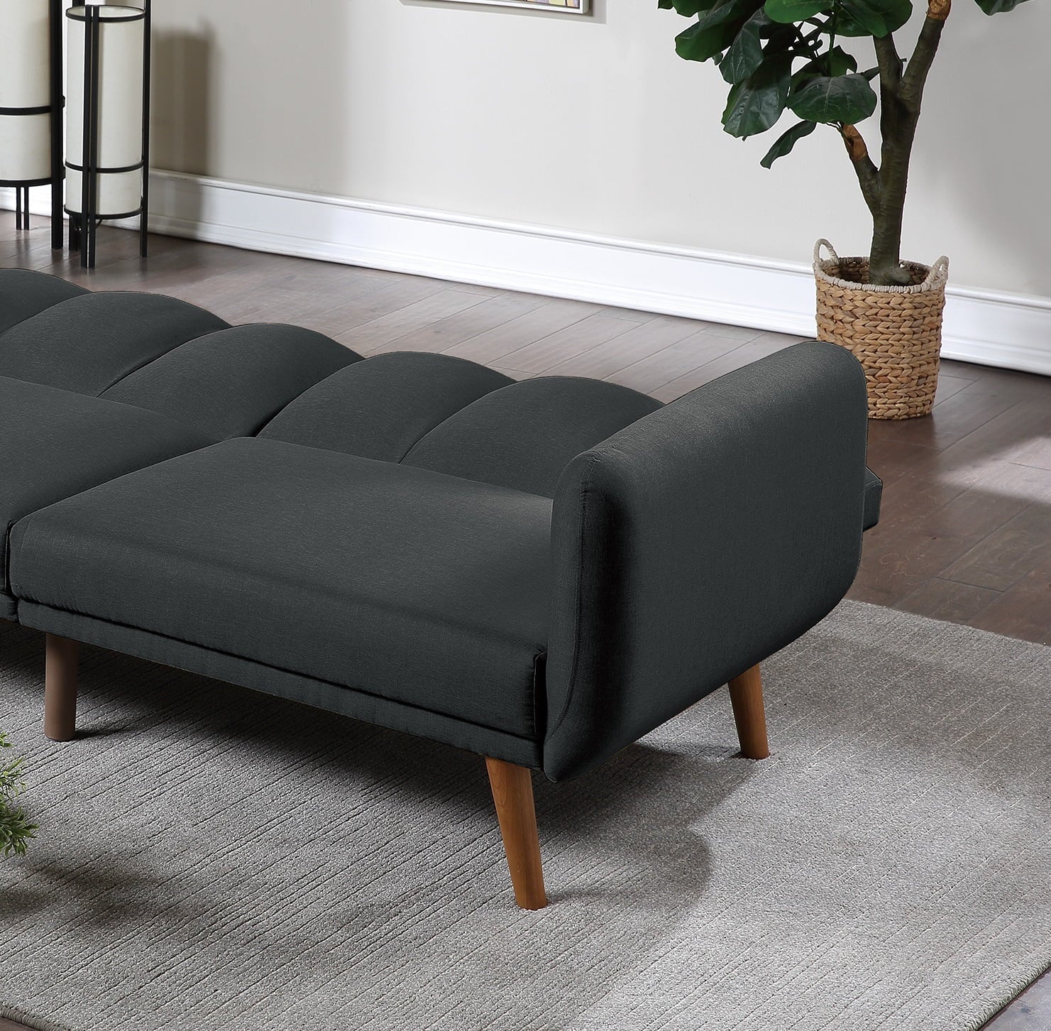 Dcenta Elegant Modern Sofa Black Polyfiber 1pc Sofa Convertible Bed Wooden Legs Living Room Guest Furniture