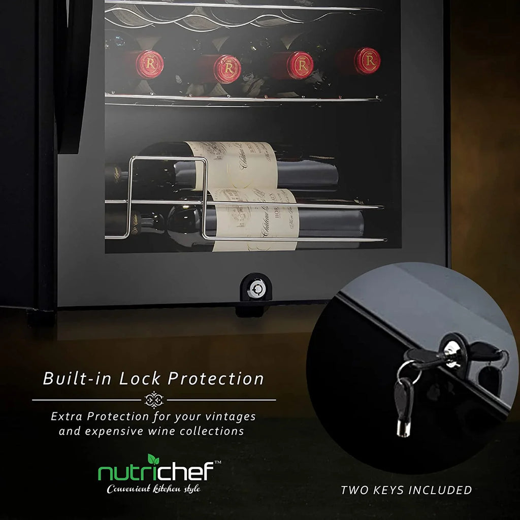 NutriChef 28 Bottle Large Compressor Wine Cooler Refrigerator Cooling System Black Glass Door