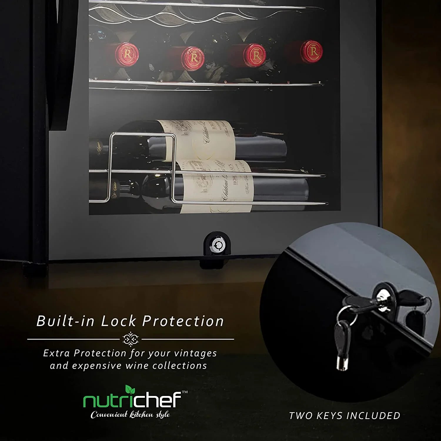 NutriChef 28 Bottle Large Compressor Wine Cooler Refrigerator Cooling System Black Glass Door