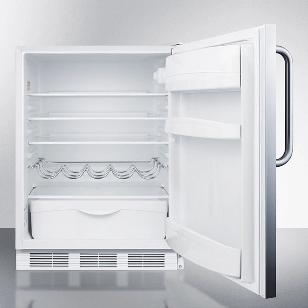 Built-in undercounter all-refrigerator for residential use, auto defrost with a stainless steel wrapped door, towel bar handle, and white cabinet