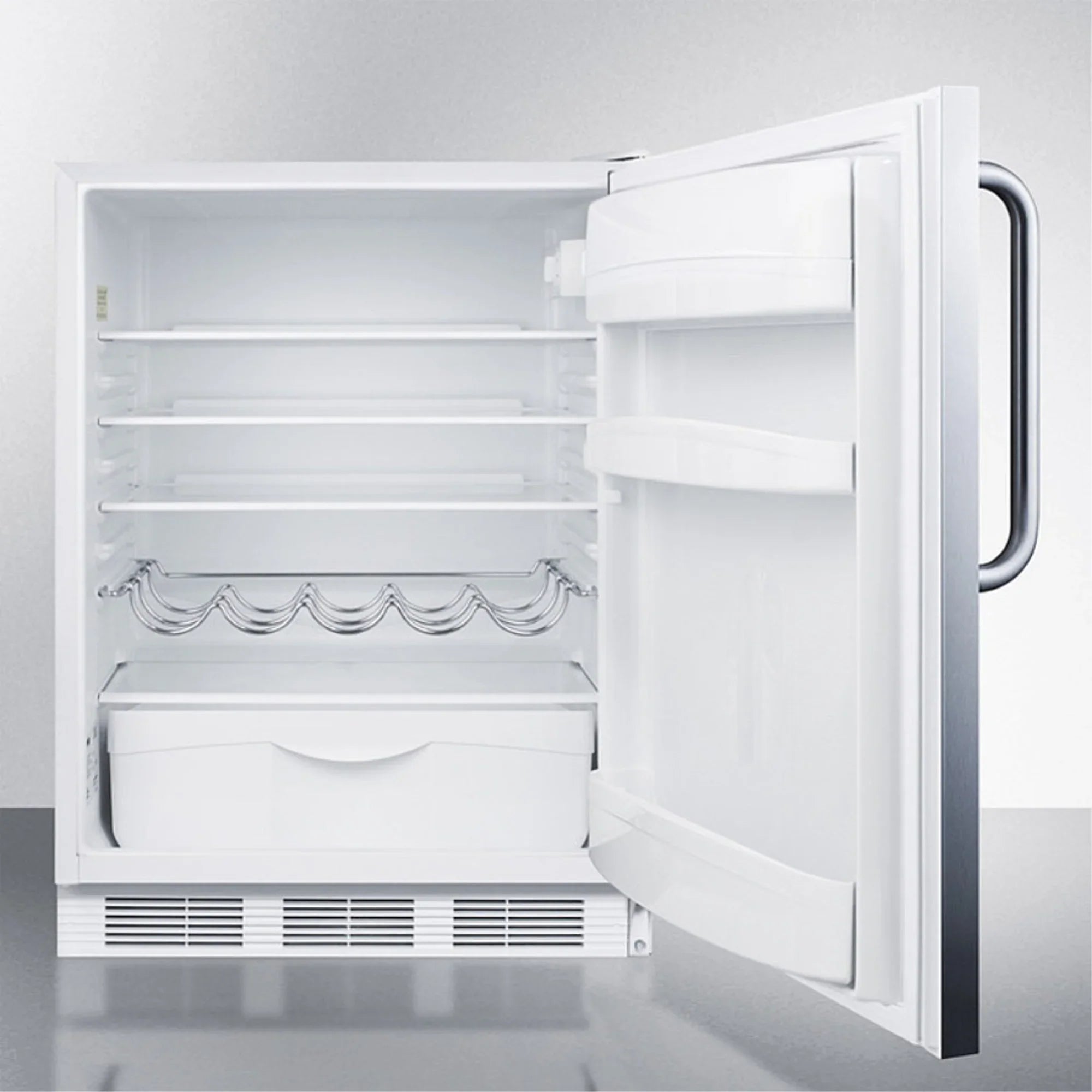 Built-in undercounter all-refrigerator for residential use, auto defrost with a stainless steel wrapped door, towel bar handle, and white cabinet