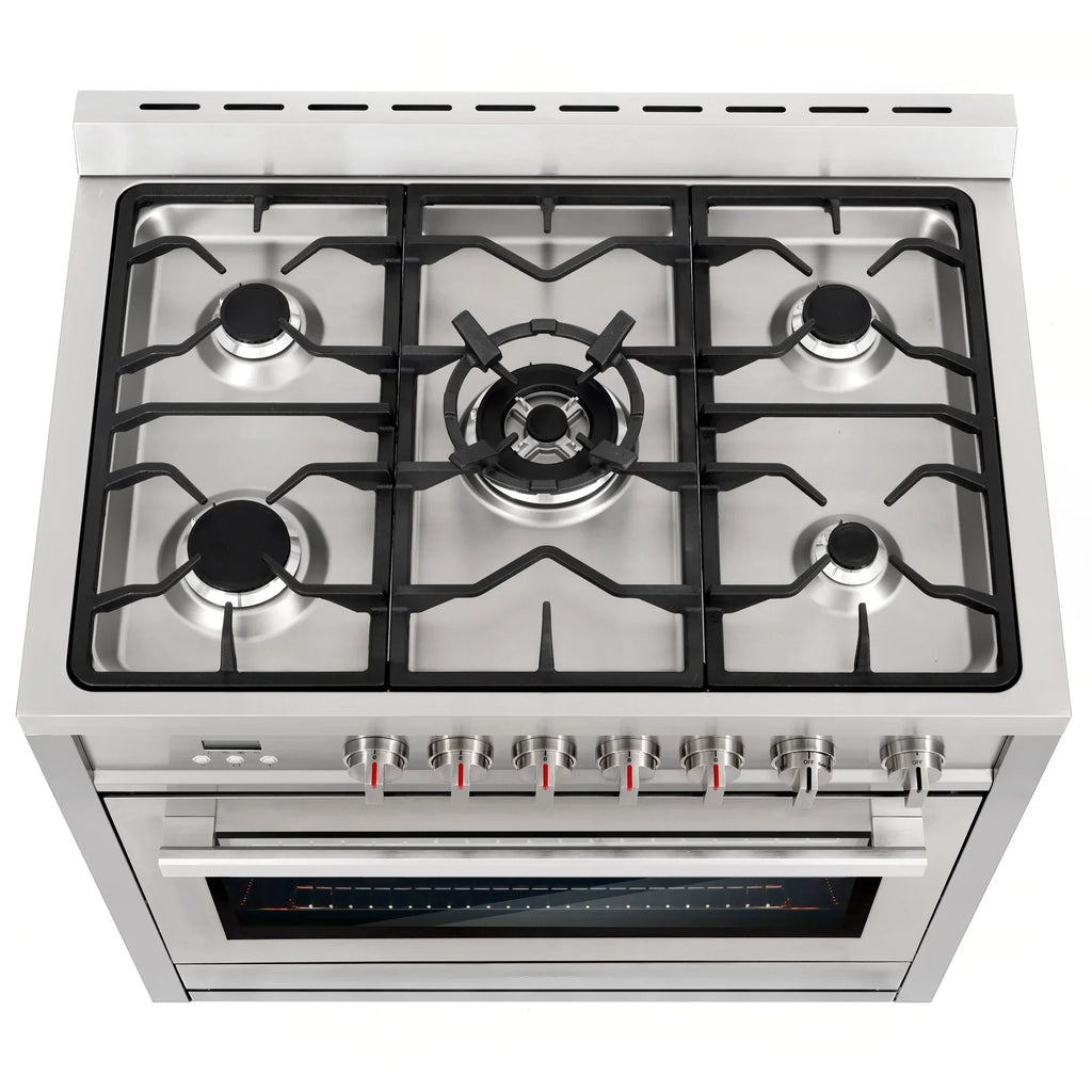 Cosmo 4 Piece Kitchen Appliance Package with 36" Freestanding Gas Range 36" Under Cabinet Range Hood 24" Built-in Integrated Dishwasher & French Door Refrigerator Kitchen Appliance Bundles