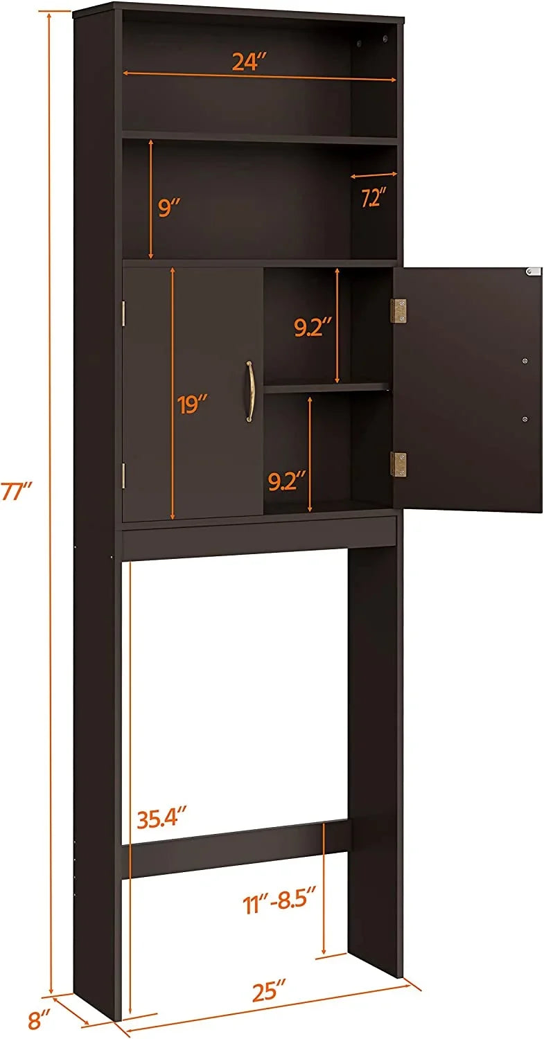 Over The Toilet Storage, Taller Bathroom Organizer Space-Saving Storage Cabinet with Adjustable Shelves and Double Doors, 77 in H, Espresso