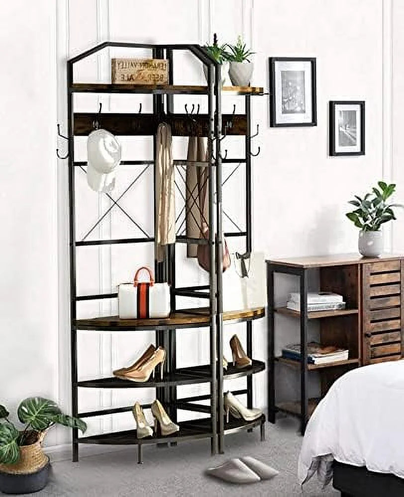 AYFDEGT 3-in-1 Entryway Coat Rack Industrial Hall Tree Corner Cloth Rack with Bench Hallway Coat and Shoe Rack for Corner Entryway Organizer with Metal Shoe for Hallway Corner Entran
