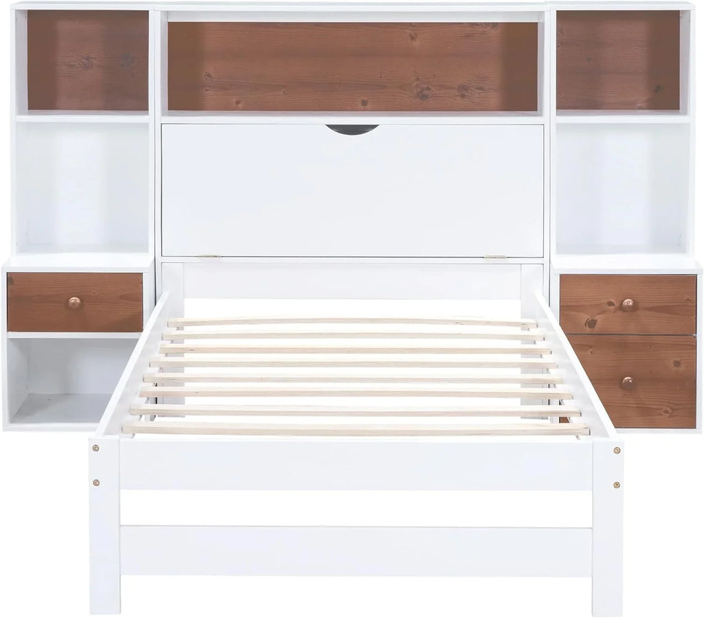Twin Size Platform Bed with Storage Headboard and Drawers, Wooden Storage Bed Frame for Bedroom, Dorm, Bedroom Furniture