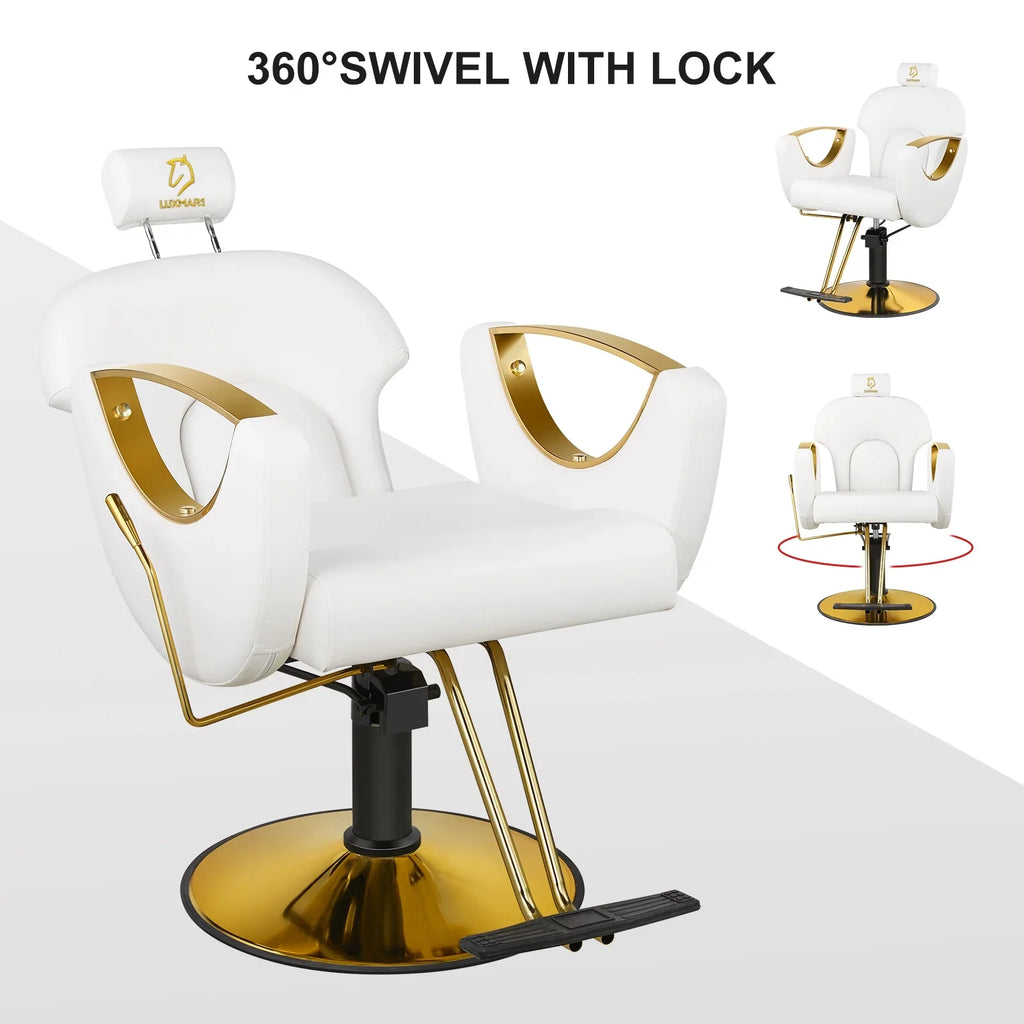 LUXMARS Reclining Barber Chair Salon Chair Height Adjustable Hydraulic Chair Tattoo Chairs 360 Degrees Rolling Swivel Barber Chairs for Barbershop Hair Salon Spa Equipment - White