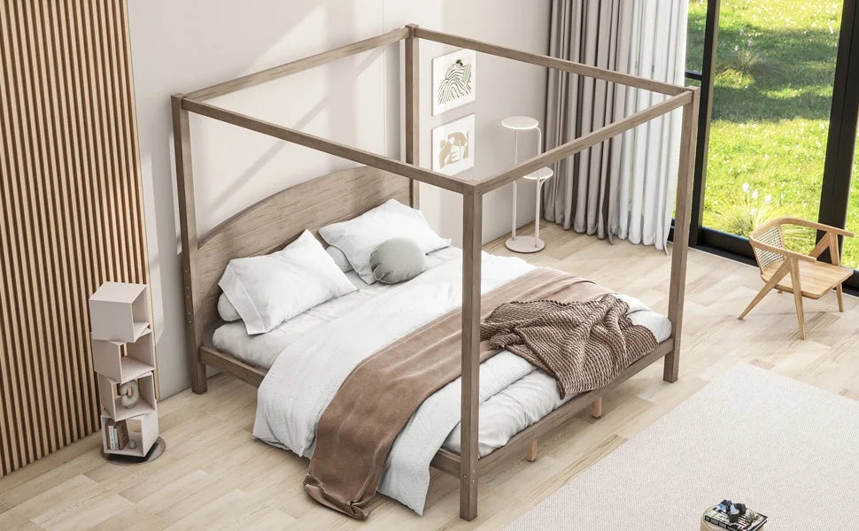 Upgrade your regal bedroom with this elegant and luxurious brown wash canopy platform king size bed. Featuring sturdy support legs and a stylish headboard this bed is the perfect additio