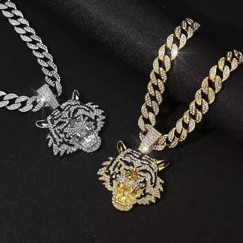 13mm Width Football Pendant Necklace,Hip Hop Green Eyes Tiger Head Pendant Necklace 3D Diamond Gold Zinc Alloy Stainless Steel Religious Zircon