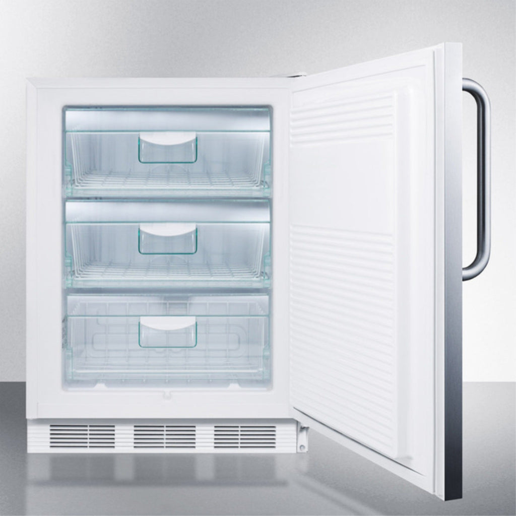 Built-in medical all-freezer capable of -25 C operation in complete stainless steel with front lock; built-in or freestanding capable