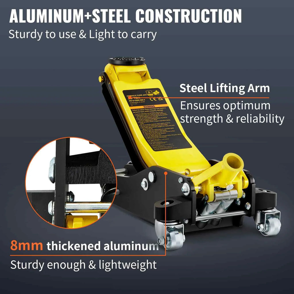 BENTISM Low Profile Floor Jack 3 Ton (6600 lbs), Aluminum and Steel Hydraulic Racing Floor Jack, Dual Piston Quick Lift Pump, 19-11/16"-3-6/11" Height Lifting Range, Yellow+Black
