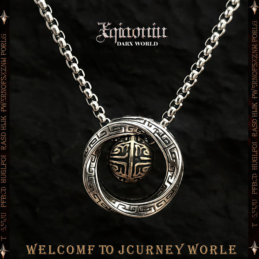 Two-Tone Chinese Retro Rotatable Round Bead Circle Pendant Necklace For Men, Copper Plated Silver Ancient Hui Pattern Vintage Ethnic Punk Jewelry Gift