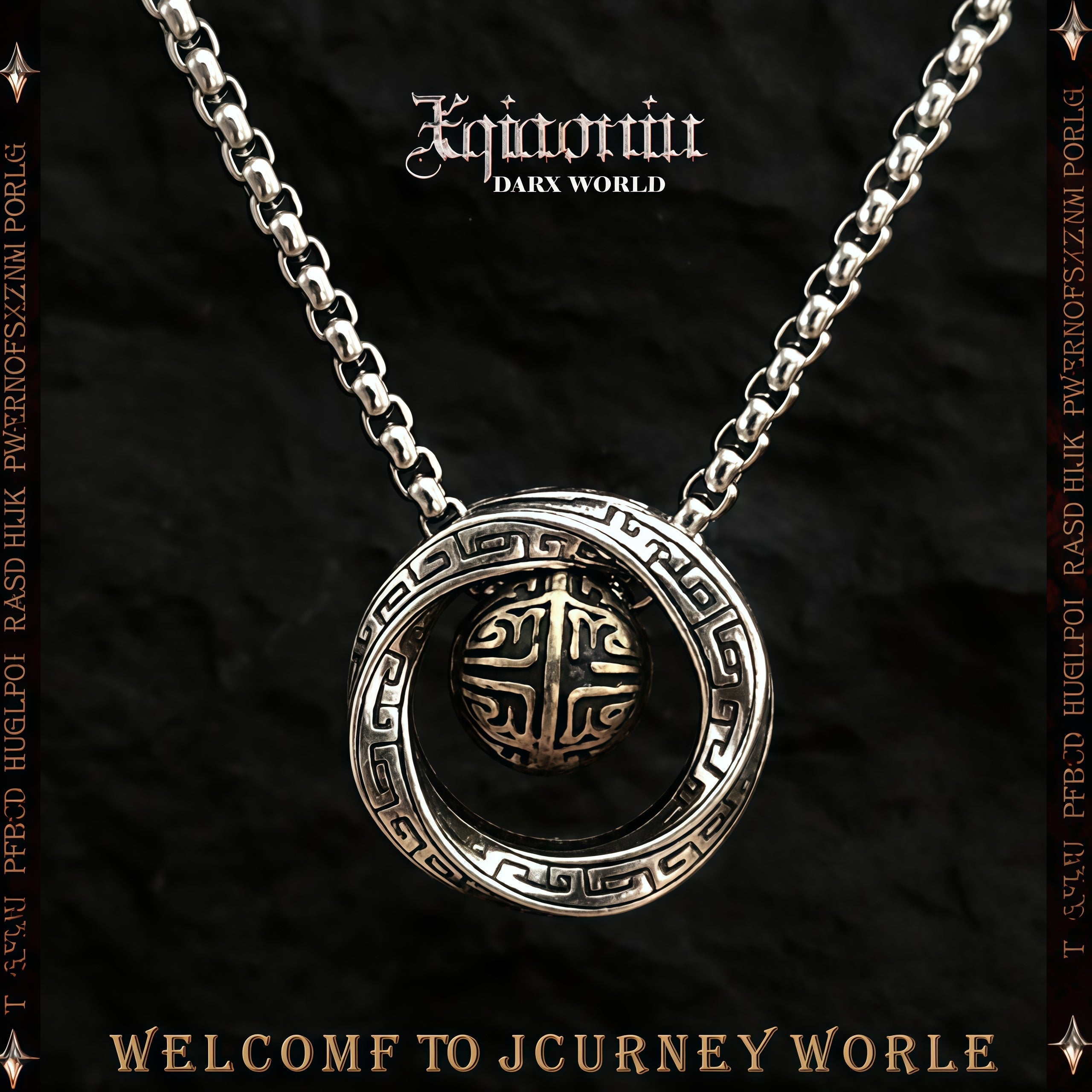 Two-Tone Chinese Retro Rotatable Round Bead Circle Pendant Necklace For Men, Copper Plated Silver Ancient Hui Pattern Vintage Ethnic Punk Jewelry Gift
