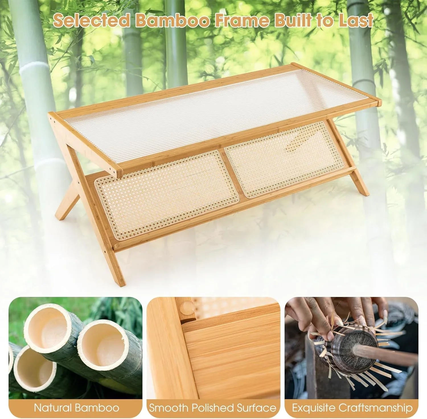 Bamboo Coffee Table, 2-Tier Rectangular Coffee Table with Glass Tabletop, Modern Center Table with Handwoven Rattan Storage Shelf, 48” Tea Table Cocktail Table for Living Room, Office, Natural