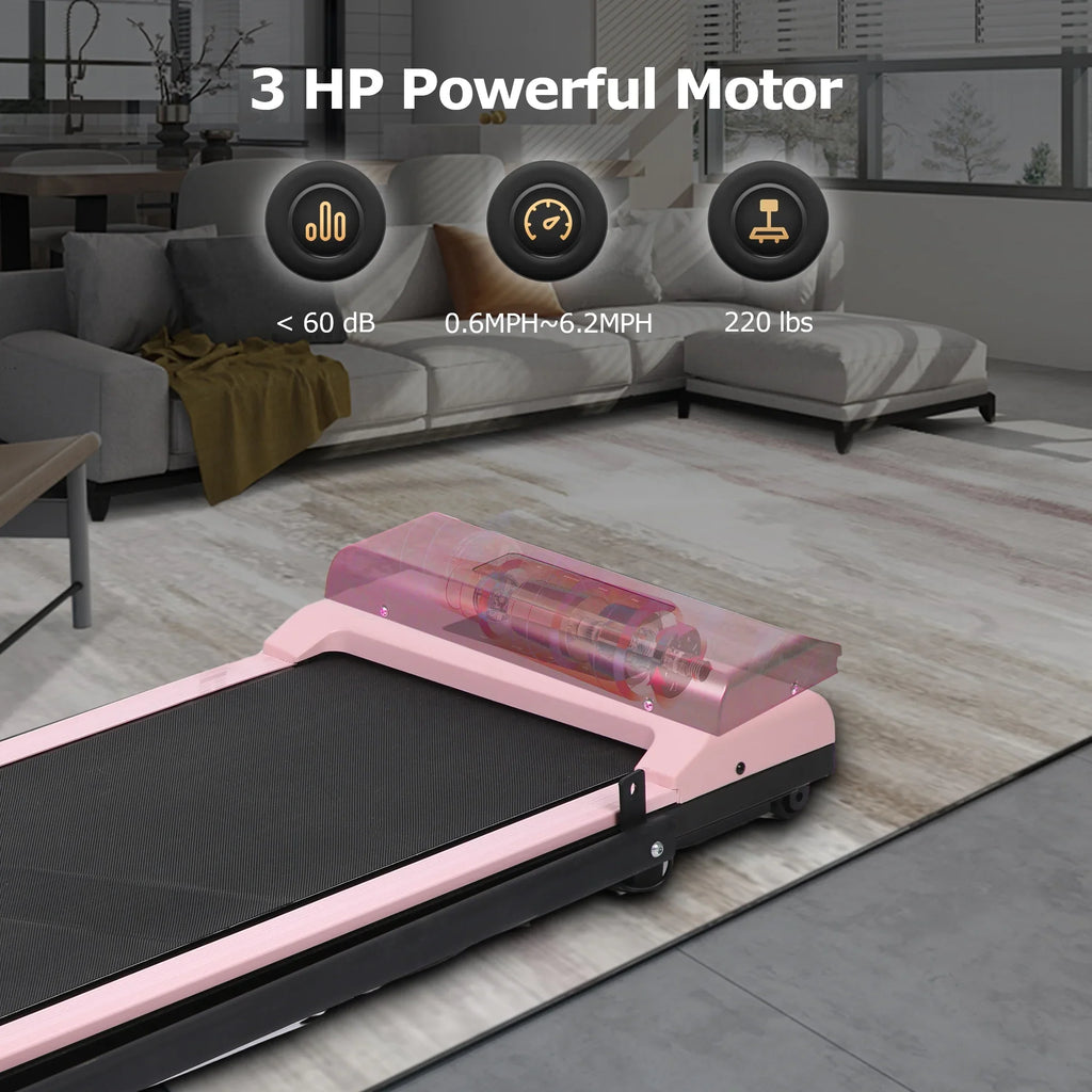 BITOUSHI Treadmill Under Desk Walking Pad 2 in 1, 3.0HP Portable Small Treadmill for Office & Home, Ultra Quiet & Installation-Free with Remote Control, LED Display, 220 Lb Capacity - Pink