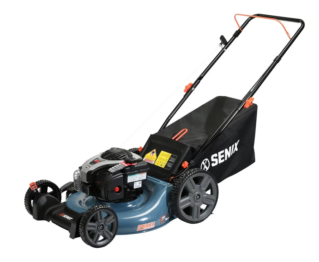 SENIX 21-Inch Push Lawnmower, 140 cc 4-Cycle Briggs & Stratton Engine, 3-in-1 Mower, Prime & Pull, 6-Position Height Adjustment with 11-Inch Rear Wheels, LSPG-M7