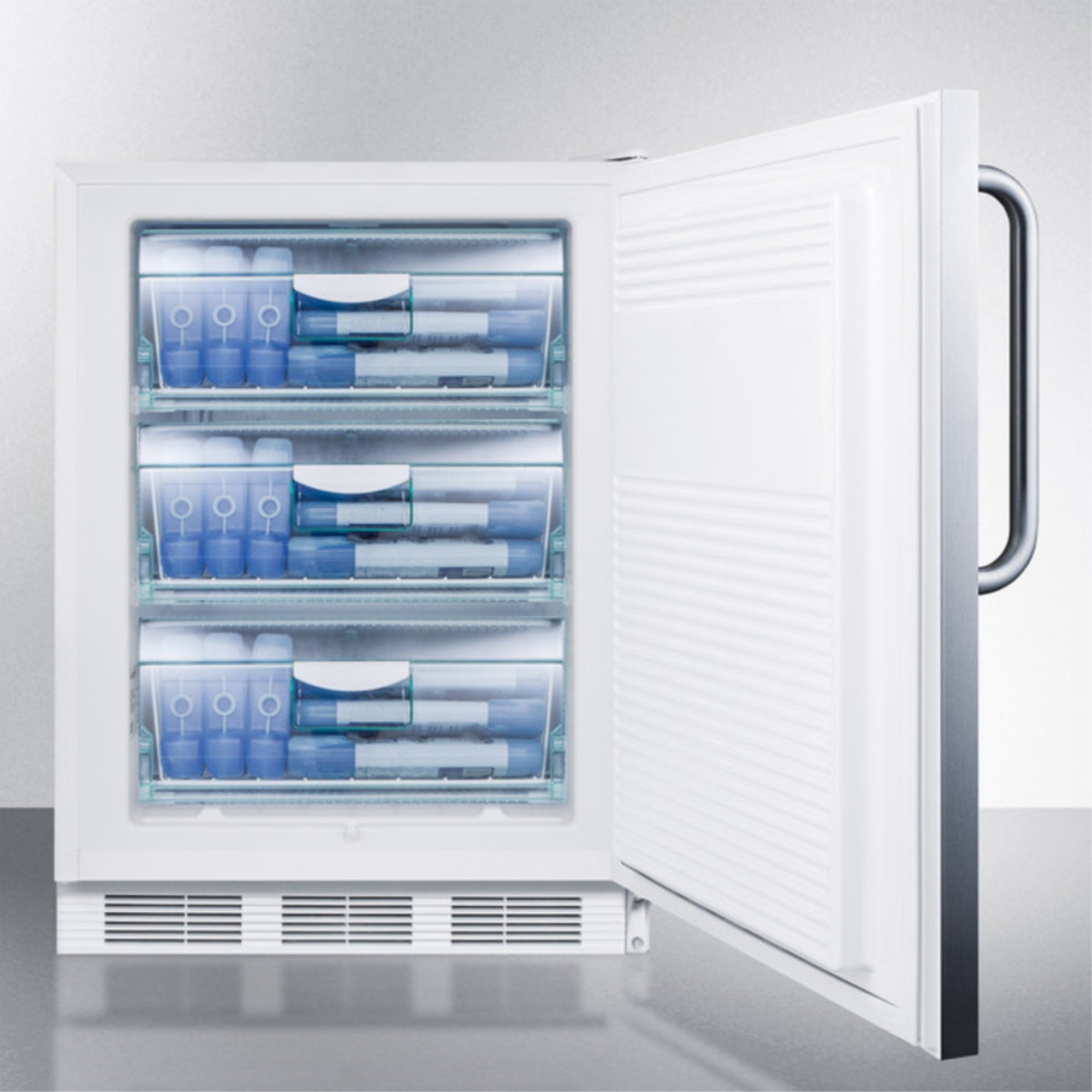 Built-in medical all-freezer capable of -25 C operation in complete stainless steel with front lock; built-in or freestanding capable