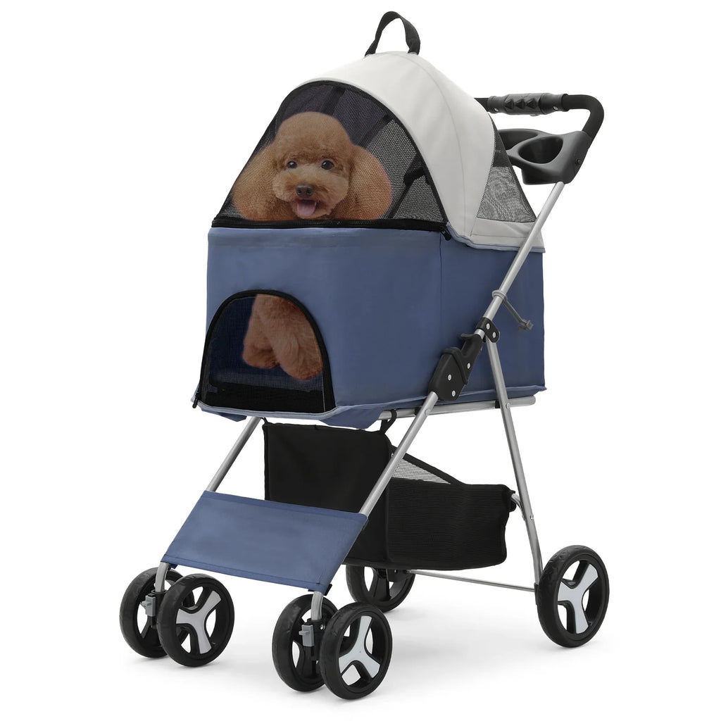 Magshion Foldable Dog Pet Stroller with Cup Holder, 4 Wheel (Navy Blue)