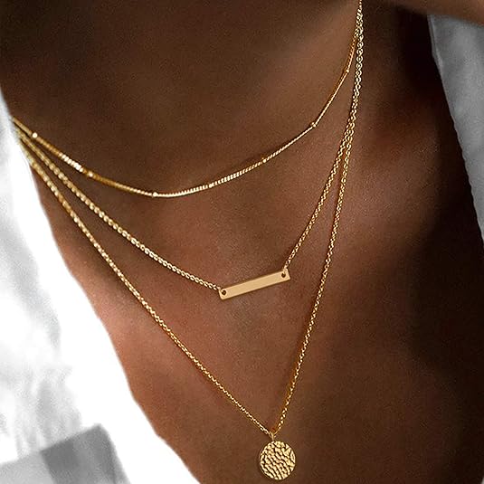 Gold Layered Choker Necklace 14K Gold Plated Bar Coin Charm Pendant Neckalce Delicate Multilayer Choker Necklaces For Women