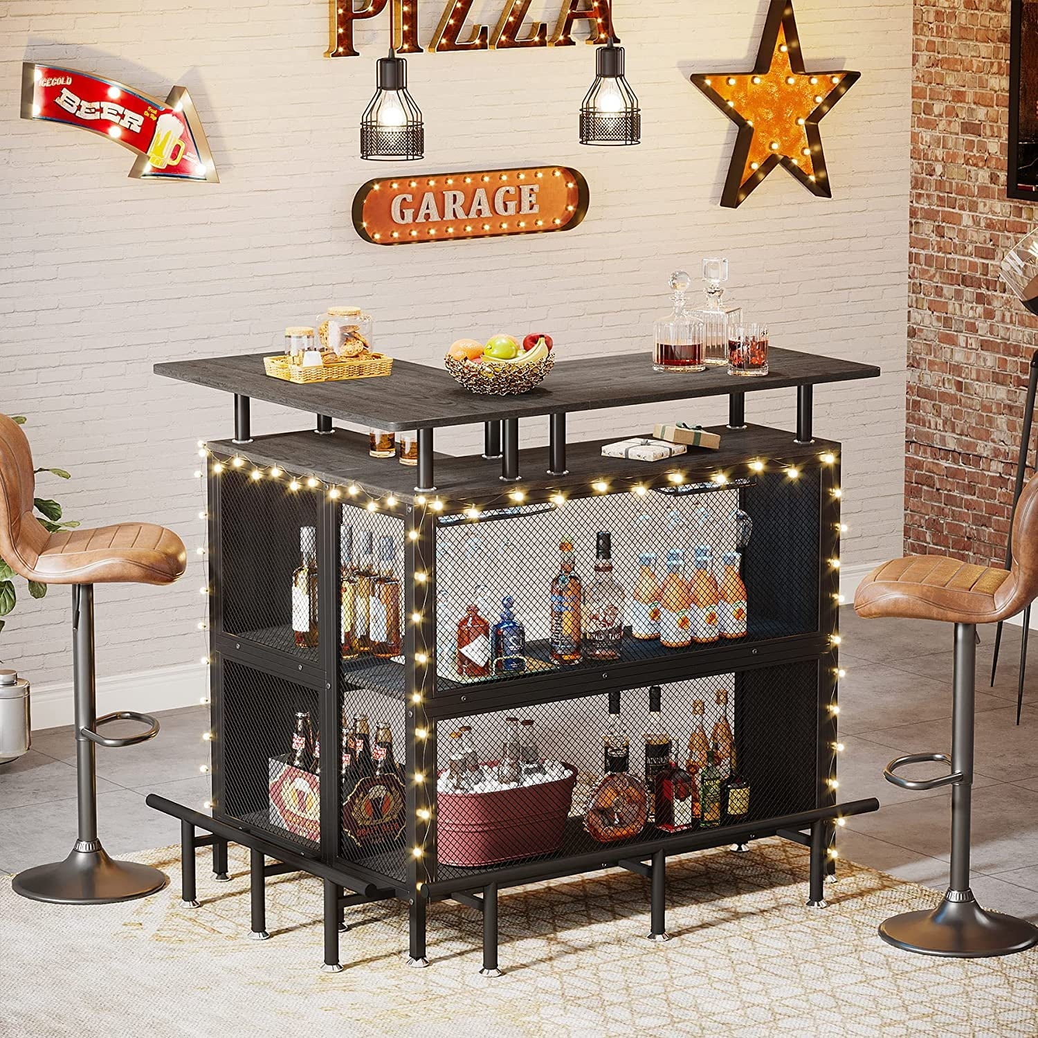 FJU Home Bar Unit, L-shaped Bar Table with Stemware Racks and 2-tier Shelves, Corner Mini Coffee Liquor Cabinet with Footrest for Home/Kitchen/Pub, Gray