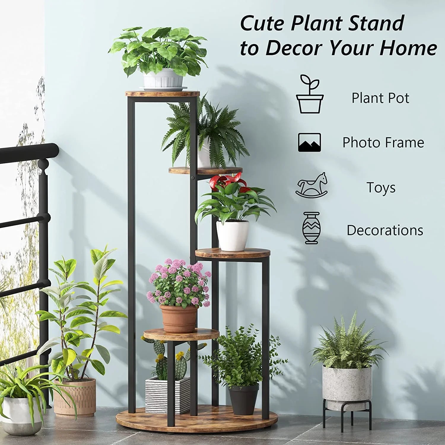 Tribesigns Rustic Brown 4-Tier Corner Plant Stand: Wooden & Metal Pot Holder