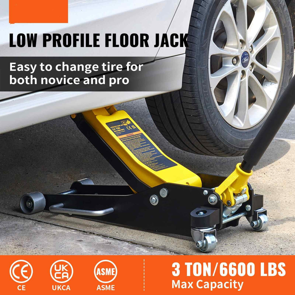 BENTISM Low Profile Floor Jack 3 Ton (6600 lbs), Aluminum and Steel Hydraulic Racing Floor Jack, Dual Piston Quick Lift Pump, 19-11/16"-3-6/11" Height Lifting Range, Yellow+Black