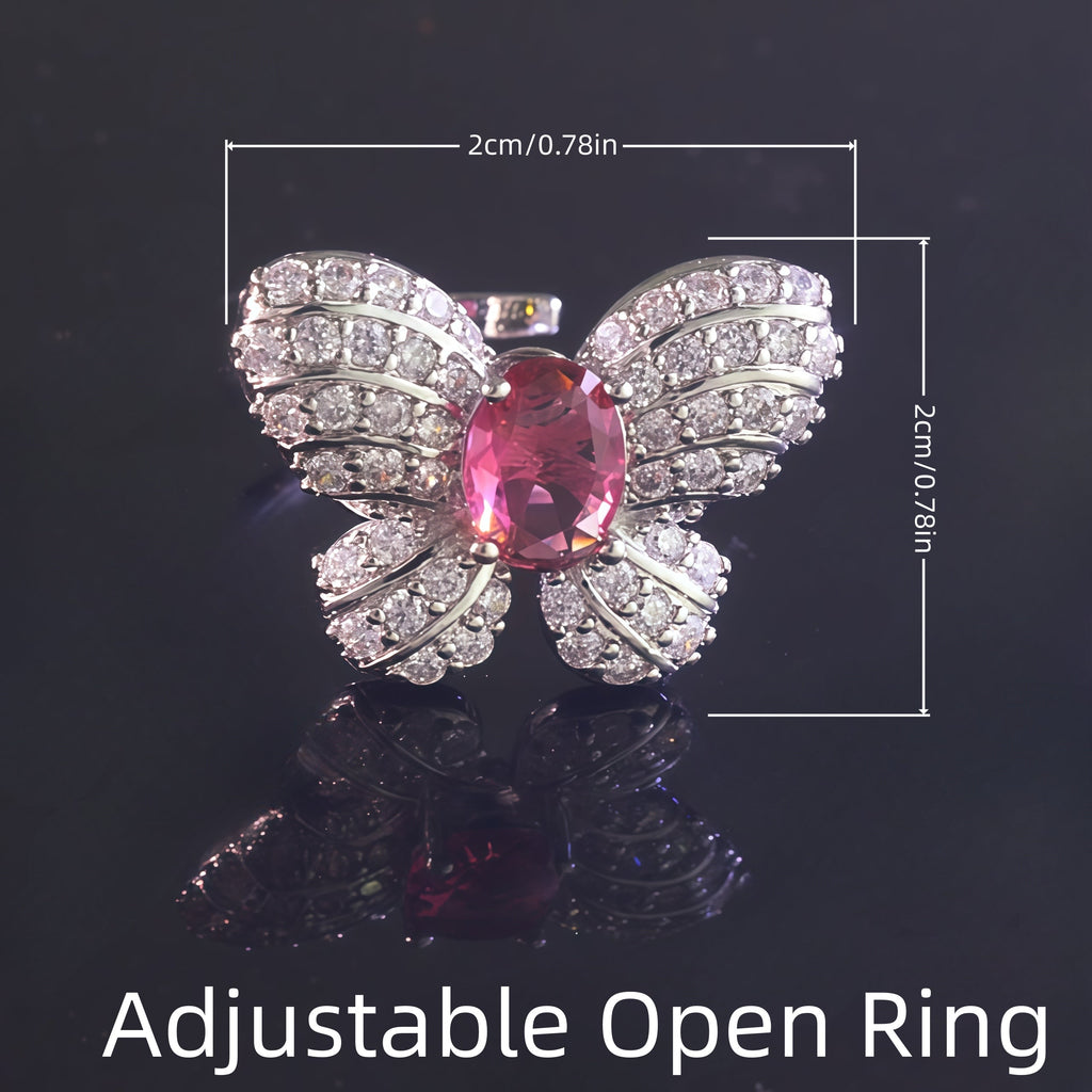Oval  CZ Pave Bow Open Ring For Women, Copper Plated Silver Split Shank Adjustable Cocktail Wedding Statement Jewelry Gift