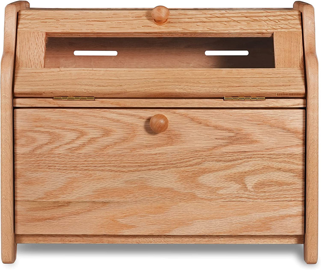 Bread Box, Solid Wood Oak Bread Box for Kitchen Countertop, Double Layer Bread Container for Bread Storage, Large Capacity Breadbox with Clear Window, Nature