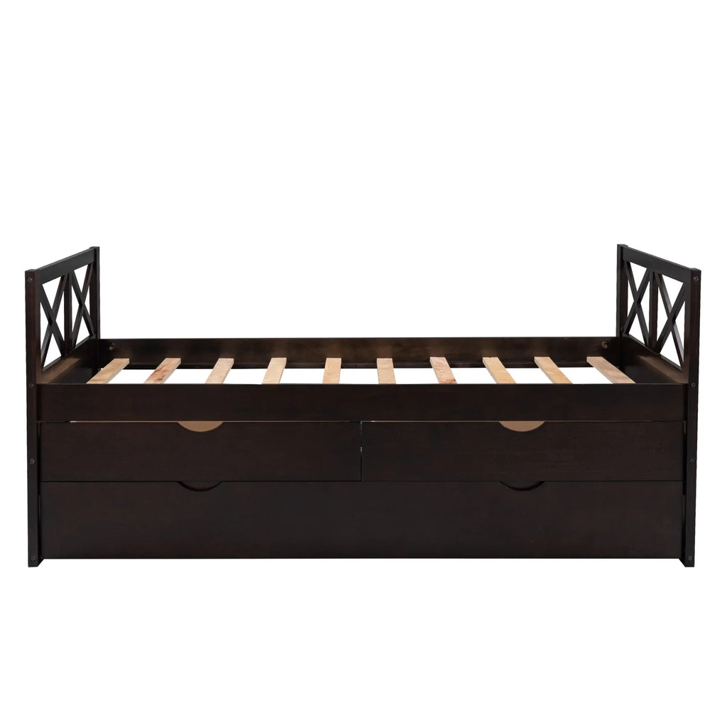 Captain Wood Bed with Trundle and Drawers, Twin for Kids Bedroom, Brown