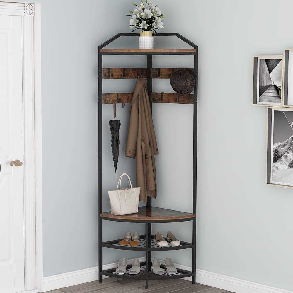 Corner Hall Tree with Shoe Bench Entryway Coat Rack with 10 Metal Movable Hooks Freestanding Clothes Rack Shoes Shelf Organizer for Home Office Bedroom (Rustic Brown)