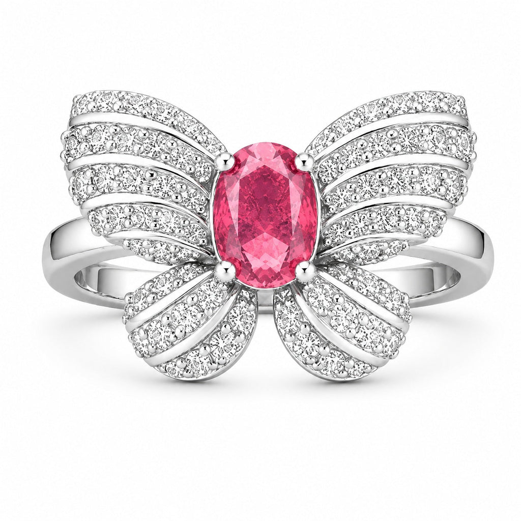 Oval  CZ Pave Bow Open Ring For Women, Copper Plated Silver Split Shank Adjustable Cocktail Wedding Statement Jewelry Gift