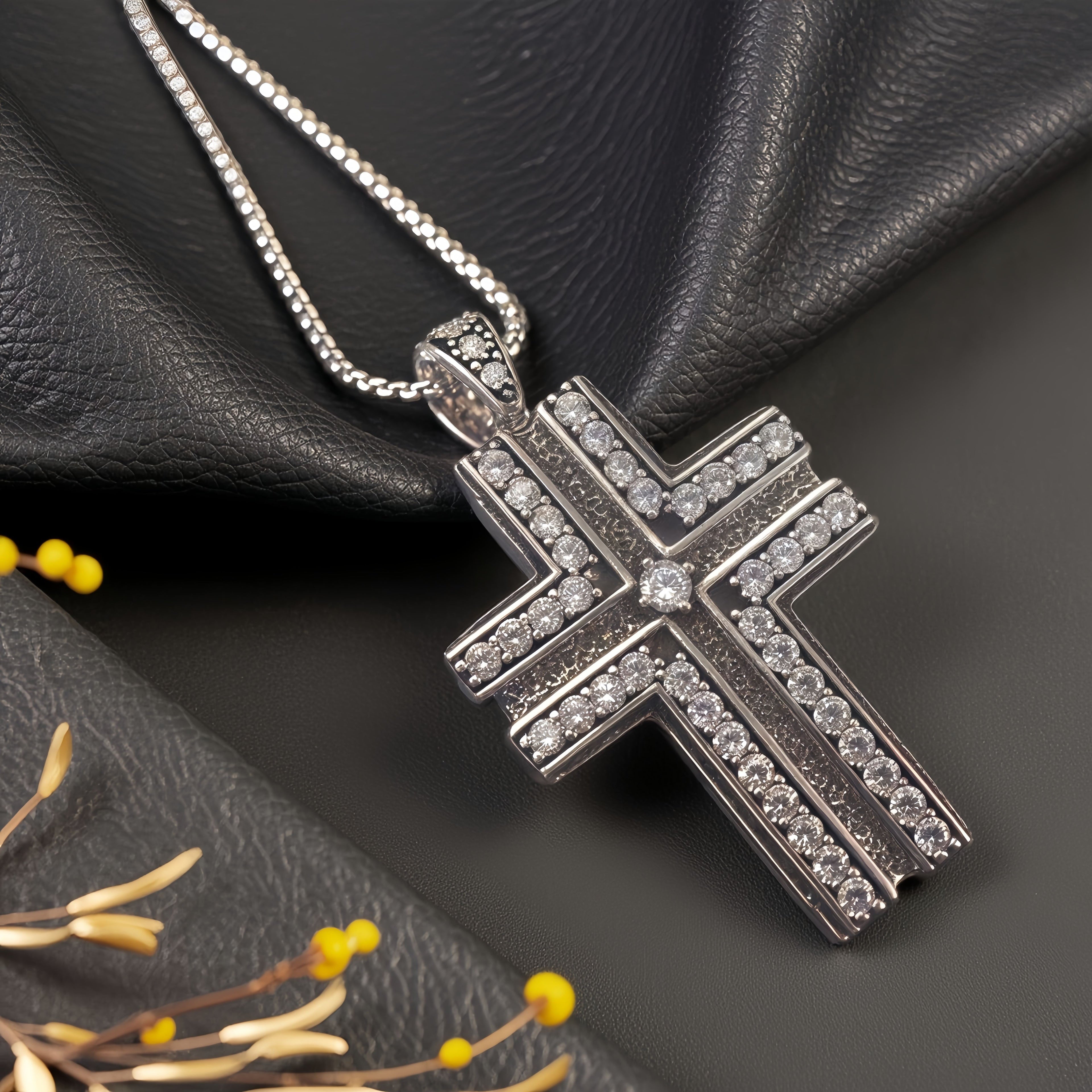 Antique Black Double Layer Cross Necklace, Copper Base Gunmetal Plated Sparkling CZ Christian Faith Pendant Jewelry