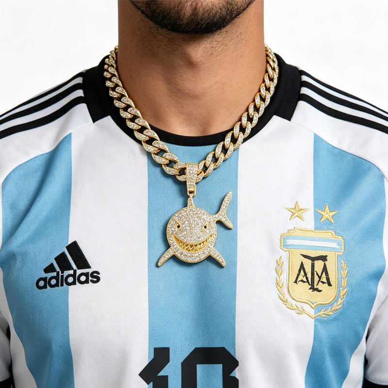 13mm Width Football Pendant Necklace,rhinestone Gold-plated Shark Pendant Necklace, 3D Diamond Gold Zinc Alloy Stainless Steel Religious Zircon