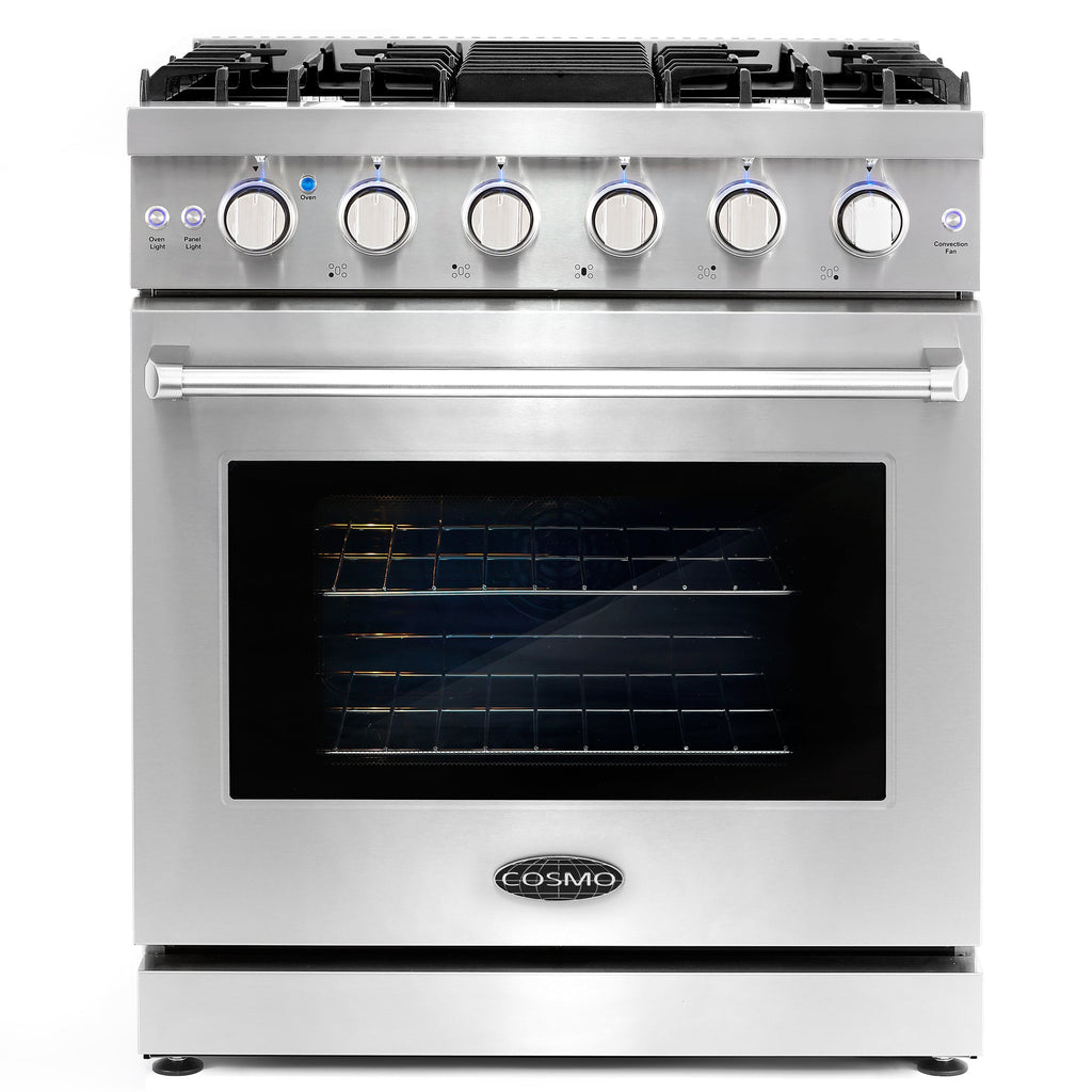 Cosmo 4 Piece Kitchen Appliance Package with 30" Freestanding Gas Range 30" Wall Mount Range Hood 24" Built-in Integrated Dishwasher & French Door Refrigerator Kitchen Appliance Bundles