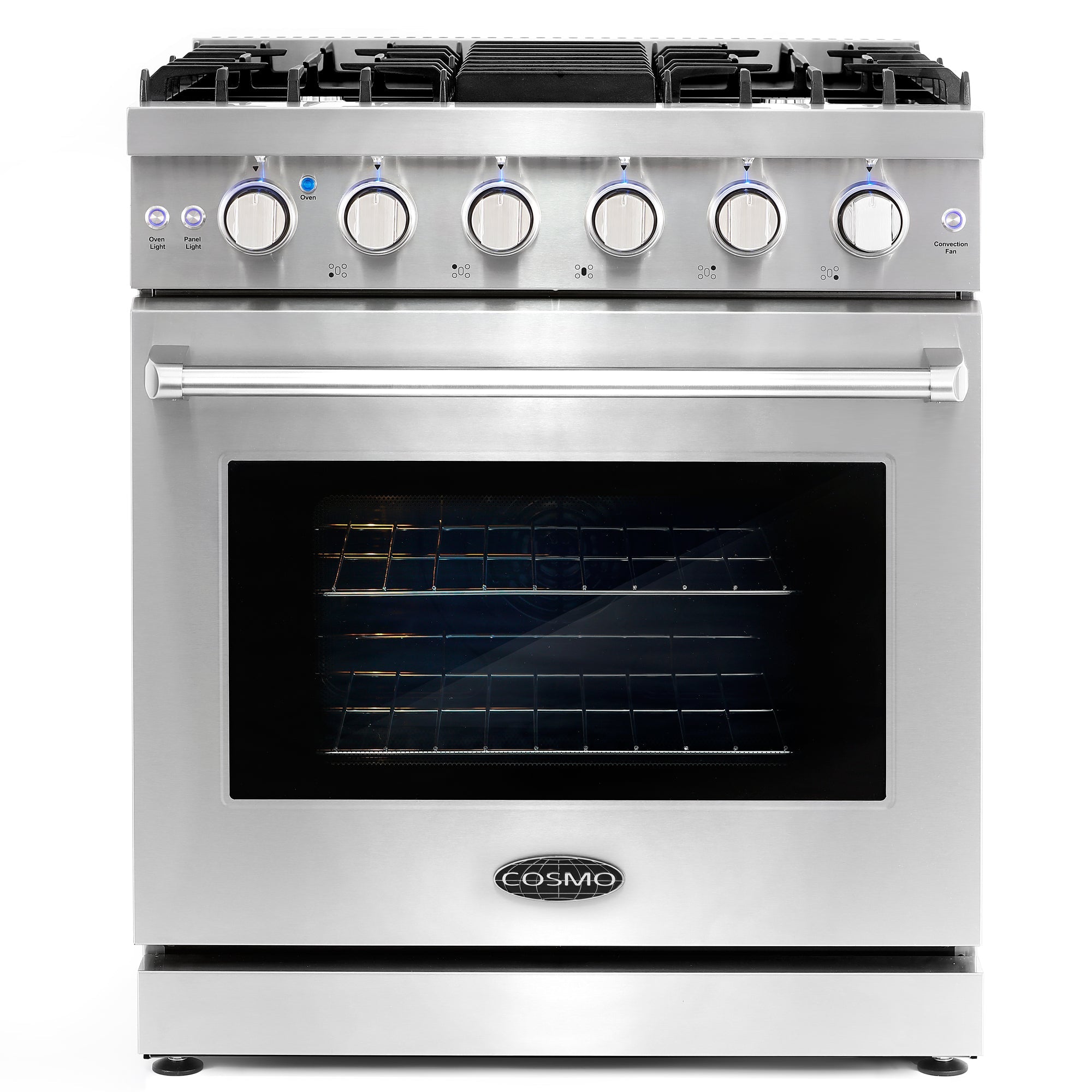 Cosmo 4 Piece Kitchen Appliance Package with 30" Freestanding Gas Range 30" Wall Mount Range Hood 24" Built-in Integrated Dishwasher & French Door Refrigerator Kitchen Appliance Bundles