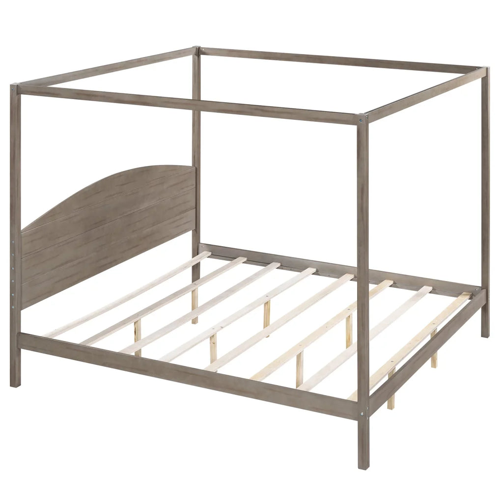 Upgrade your regal bedroom with this elegant and luxurious brown wash canopy platform king size bed. Featuring sturdy support legs and a stylish headboard this bed is the perfect additio