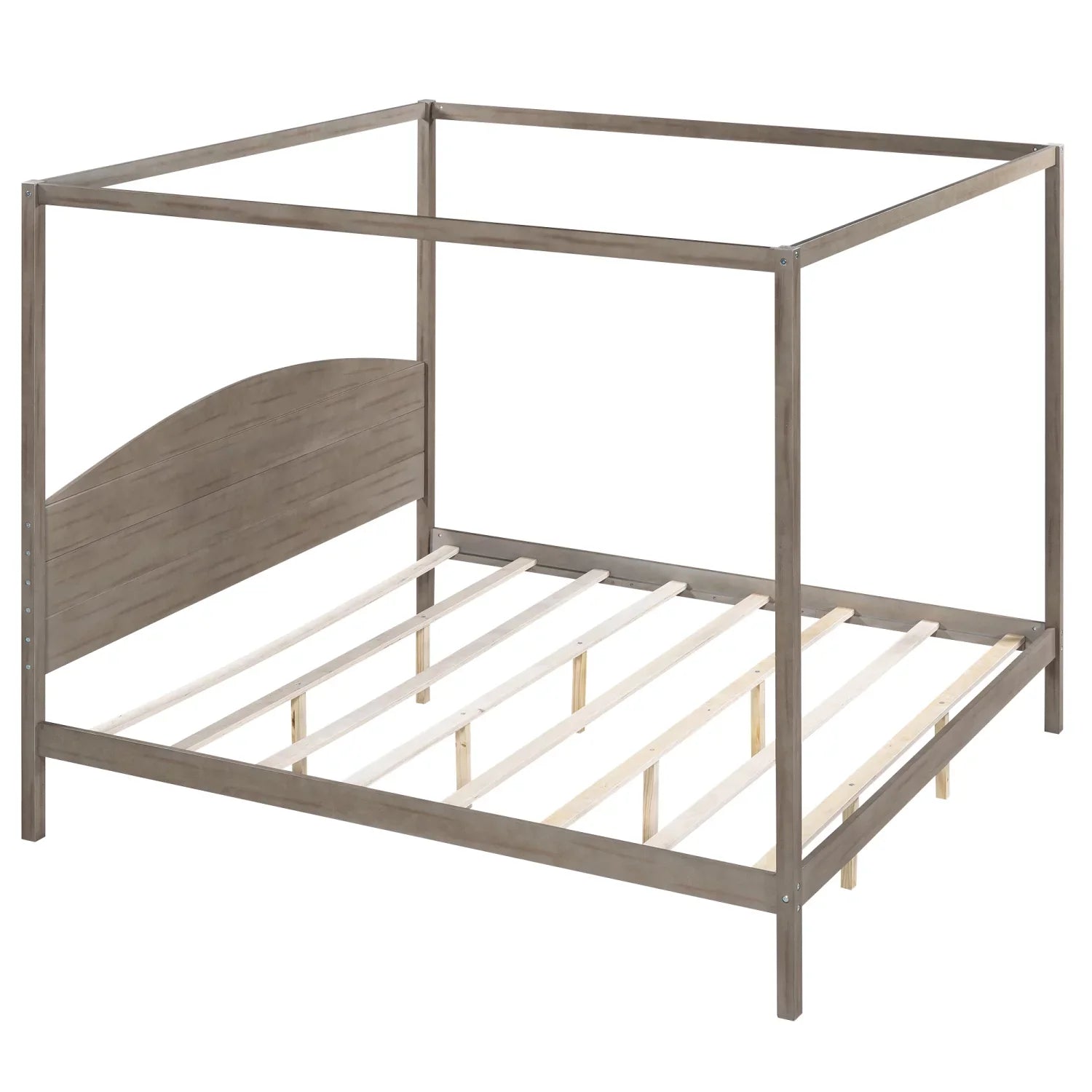 Upgrade your regal bedroom with this elegant and luxurious brown wash canopy platform king size bed. Featuring sturdy support legs and a stylish headboard this bed is the perfect additio