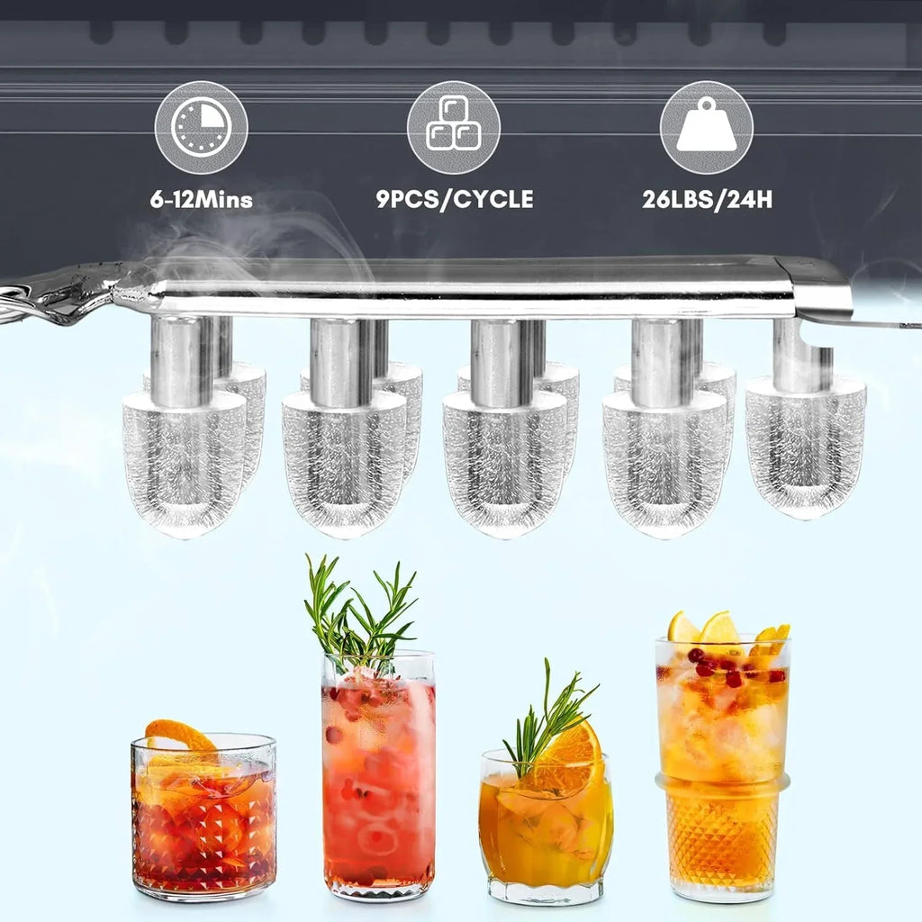 Countertop Ice Maker,Portable Ice Machine with Carry Handle,Self-Cleaning,Basket and Scoop,9 Cubes in 6 Mins,26.5lbs/24Hrs,2 Sizes of Bullet Ice,for Home,Kitchen,Party,Black,Green