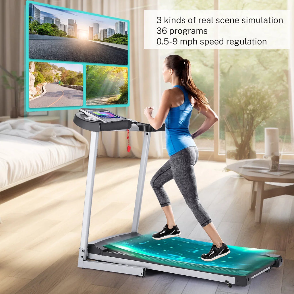 Tikmboex 3.25HP Folding Treadmill with 10" HD TV Movie Touchscreen, Incline Running Machine Easy to Install for Family Office Use, Silver