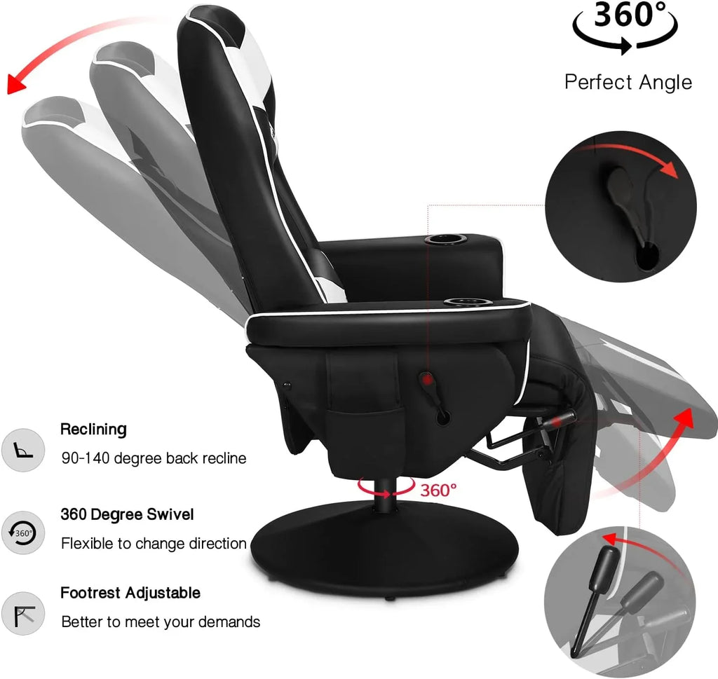 King Throne Ergonomic Gaming Chair, High Back Video Racing Chair, Swivel Recliner Chair with Footrest, Adjustable Backrest, Headrest, Lumbar Support, Cupholders, Black White