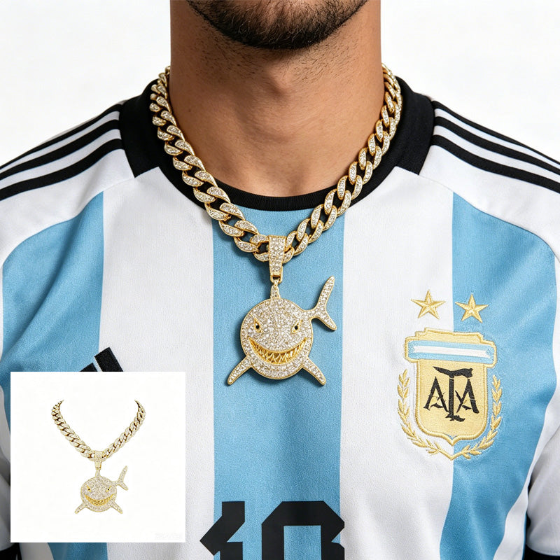 13mm Width Football Pendant Necklace,rhinestone Gold-plated Shark Pendant Necklace, 3D Diamond Gold Zinc Alloy Stainless Steel Religious Zircon