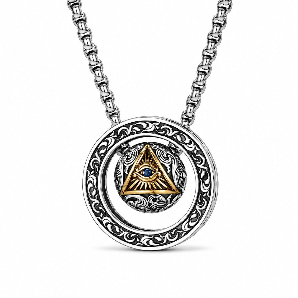 Vintage All-Seeing Eye Rotatable Round Ball Circle Pendant Necklace For Men, Copper Plated Silver Triangular Eye With Blue Zircon Scroll Engraving Punk Amulet Jewelry Gift