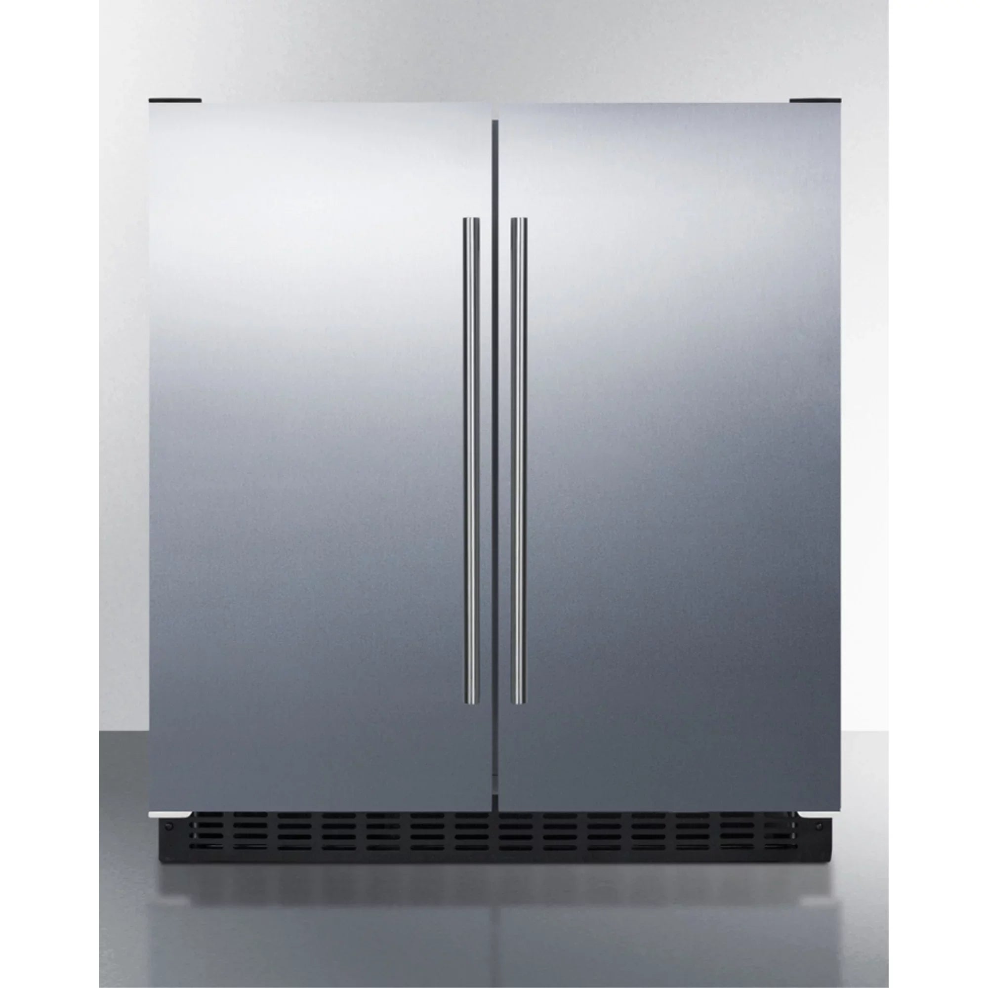 30" wide undercounter frost-free side-by-side refrigerator-freezer in stainless steel with locks, stainless steel handles, and digital controls