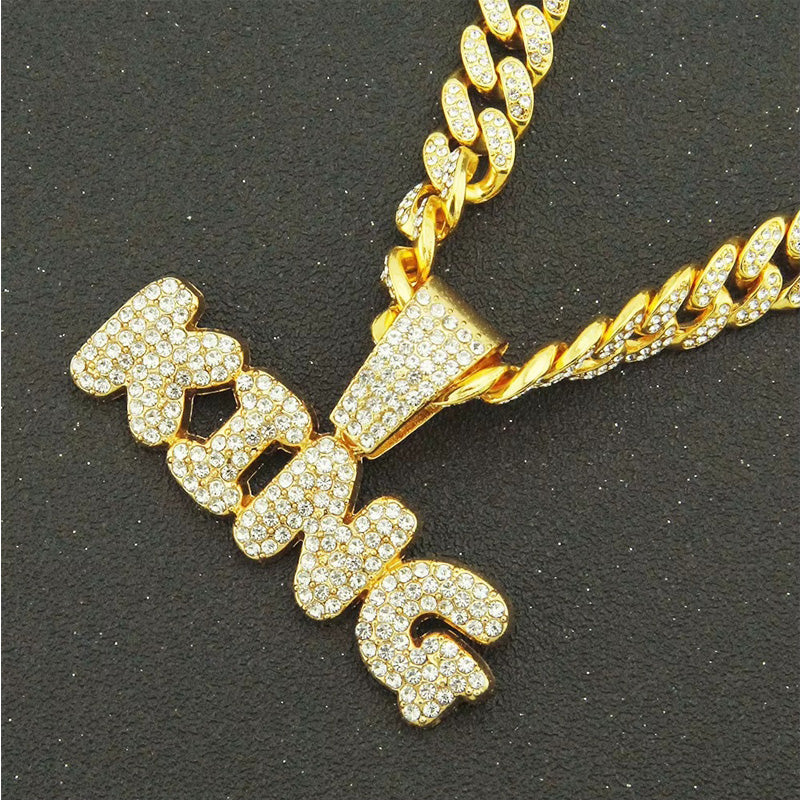13mm Width Football Pendant Necklace,Full Diamond King Fashion Pendant Necklace, 3D Diamond Gold Zinc Alloy Stainless Steel Religious Zircon