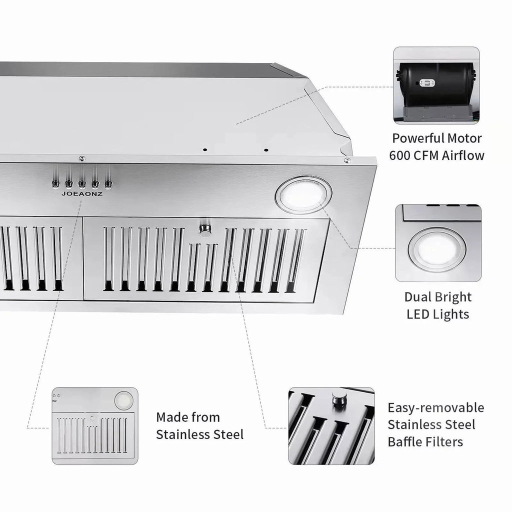 Zomagas 30 inch Built-in Range Hood 600CFM Stainless Steel Kitchen Cook Insert Vent with Led Lights