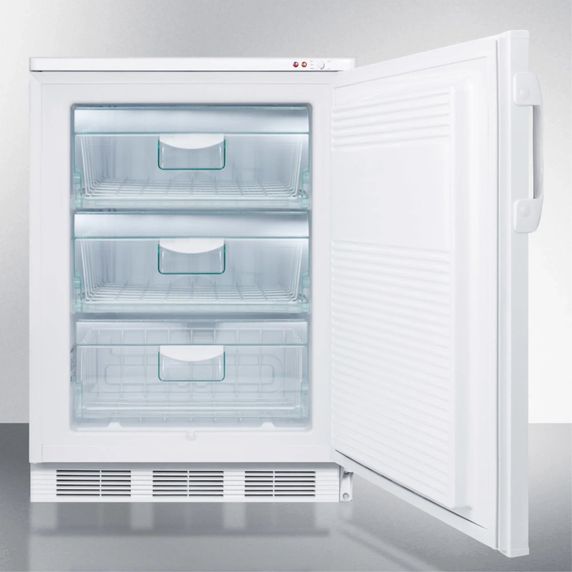 Built-in medical all-freezer with lock, capable of -25 C operation; door accepts custom overlay panels
