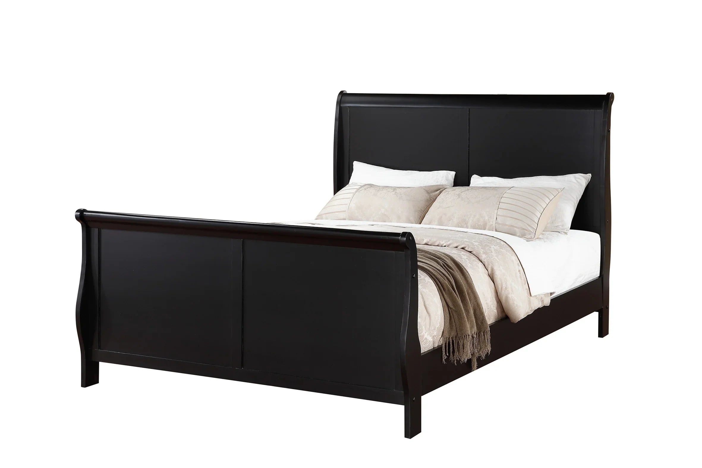 Gorgeous Black 3pc Beautiful Louis Philippe Style California King Size Sleigh Bed 2x Nightstand Set Wooden Bedroom Furniture