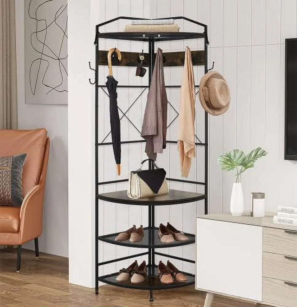 AYFDEGT 3-in-1 Entryway Coat Rack Industrial Hall Tree Corner Cloth Rack with Bench Hallway Coat and Shoe Rack for Corner Entryway Organizer with Metal Shoe for Hallway Corner Entran